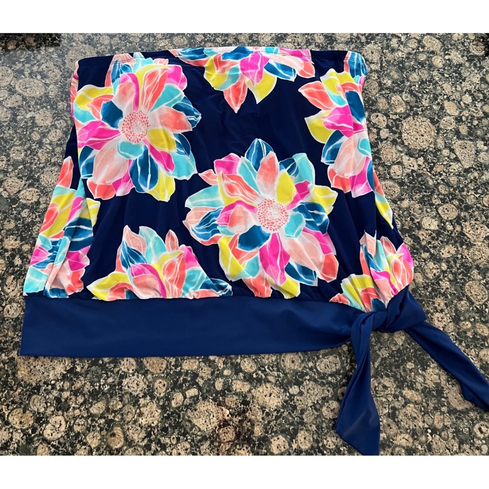 Bal Harbour Swim Womens 1X Floral Bandeau Tankini Top Navy Blue Blouson Side Tie